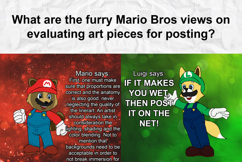 absurd_res alternate_species annaengine anthro blue_eyes brown_body brown_fur canid canine clothed clothing digital_drawing_(artwork) digital_media_(artwork) duo english_text facial_hair footwear fox fur furrification hat headgear headwear hi_res humor luigi male mammal mario mario_bros meme mustache nintendo open_mouth overalls raccoon_dog simple_background smile tan_body tan_fur tanuki text