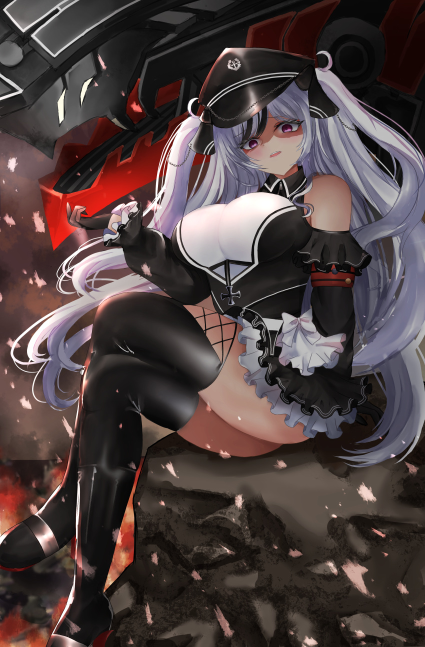 1girl absurdres azur_lane bare_shoulders black_footwear black_thighhighs boots bow breasts chain cross cross-laced_clothes cross-laced_legwear dress elbe_(azur_lane) frilled_dress frills hat highres iron_cross large_breasts long_hair military_hat multicolored_hair peaked_cap rei_tuki rigging solo streaked_hair thighhighs thighs two-tone_dress white_bow white_hair zipper zipper_pull_tab