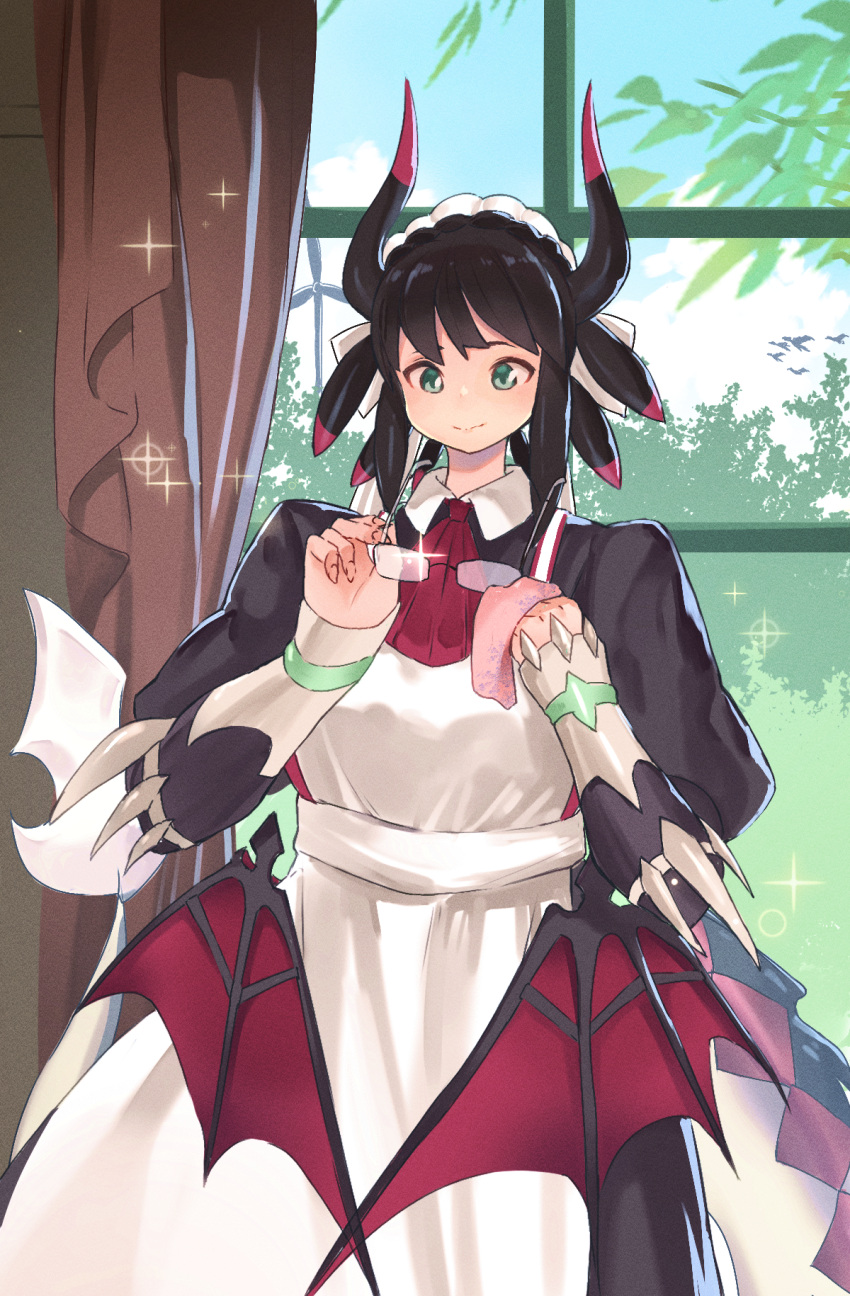 1girl apron black_hair cleaning_glasses collared_dress commentary curtains dougaku_(passionpit777) dragon_girl dragon_horns dragon_tail dress duel_monster glasses green_eyes highres holding holding_eyewear horns house_dragonmaid maid maid_apron maid_headdress solo tail window wings yu-gi-oh!