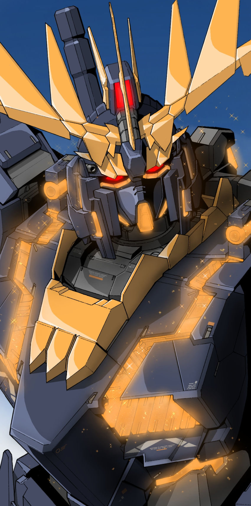 aron_e glowing glowing_eyes gradient gradient_background gundam gundam_unicorn highres looking_at_viewer mecha mobile_suit no_humans nt-d red_eyes robot science_fiction solo unicorn_gundam_banshee upper_body v-fin