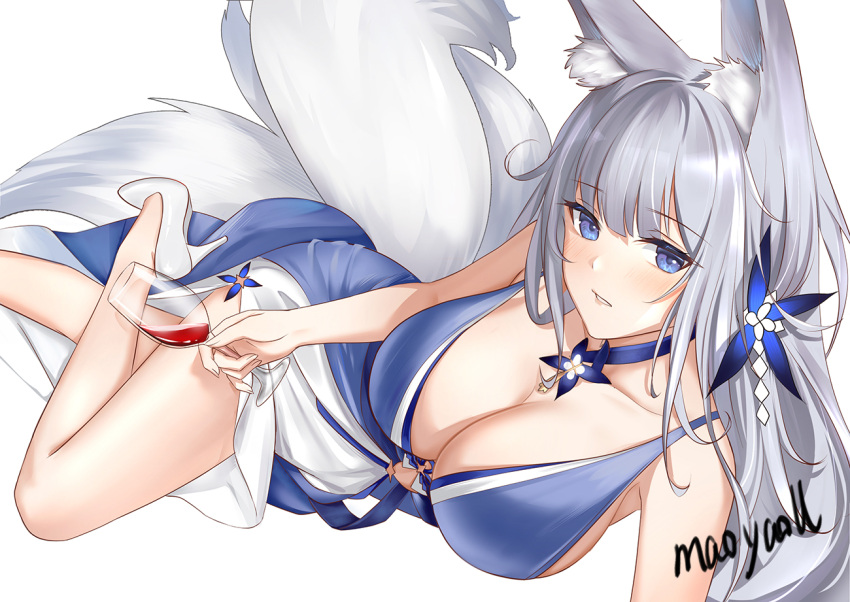 1girl animal_ear_fluff animal_ears artist_name azur_lane blue_butterfly blue_collar blue_dress breasts bug butterfly cleavage collar dress evening_gown foot_out_of_frame fox_ears grey_tail halter_dress halterneck high_heels huge_breasts kitsune kyuubi large_tail long_hair looking_at_viewer lying maoyao-ll multiple_tails official_alternate_costume on_side shinano_(azur_lane) shinano_(dreams_of_the_hazy_moon)_(azur_lane) shoes simple_background solo tail very_long_hair white_background white_footwear