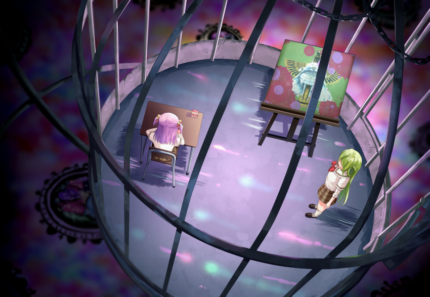 2girls alina_gray brown_skirt cage chair desk from_above full_body green_hair highres in_cage magia_record:_mahou_shoujo_madoka_magica_gaiden mahou_shoujo_madoka_magica misono_karin multiple_girls old_dorothy on_chair painting_(object) sakae_general_school_uniform school_chair school_desk school_uniform shirt sitting skirt standing suzugahama white_shirt