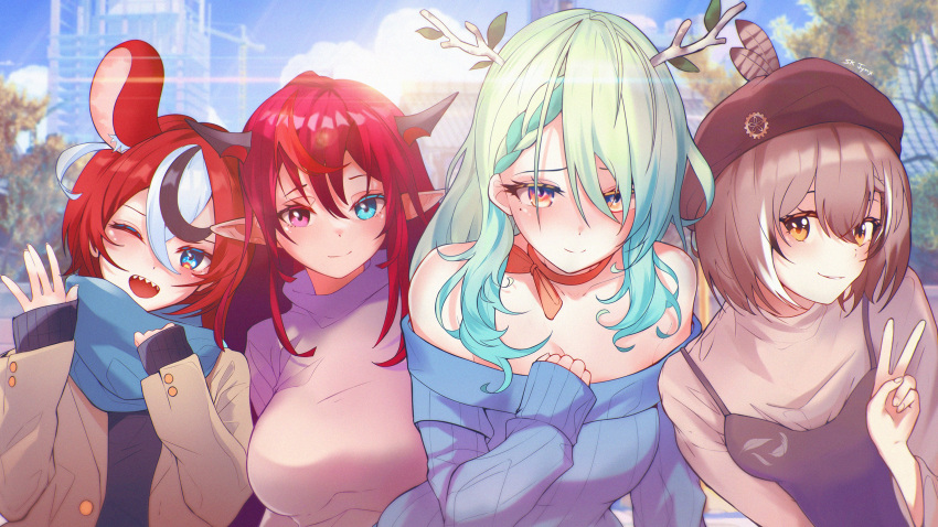 4girls absurdres alternate_costume animal_ears antlers ascot bangs bare_shoulders blue_eyes blush branch breasts brown_eyes brown_hair ceres_fauna green_hair hair_between_eyes hakos_baelz heterochromia highres holocouncil hololive hololive_english horns irys_(hololive) large_breasts leaning_forward lens_flare lineup long_hair medium_hair mole mole_under_eye mouse_ears mouse_girl multicolored_hair multiple_girls nanashi_mumei off-shoulder_sweater off_shoulder open_mouth outdoors pink_eyes pointy_ears red_hair sharp_teeth side-by-side sk_jynx smile streaked_hair sweater swept_bangs teeth upper_body v very_long_hair virtual_youtuber yellow_eyes