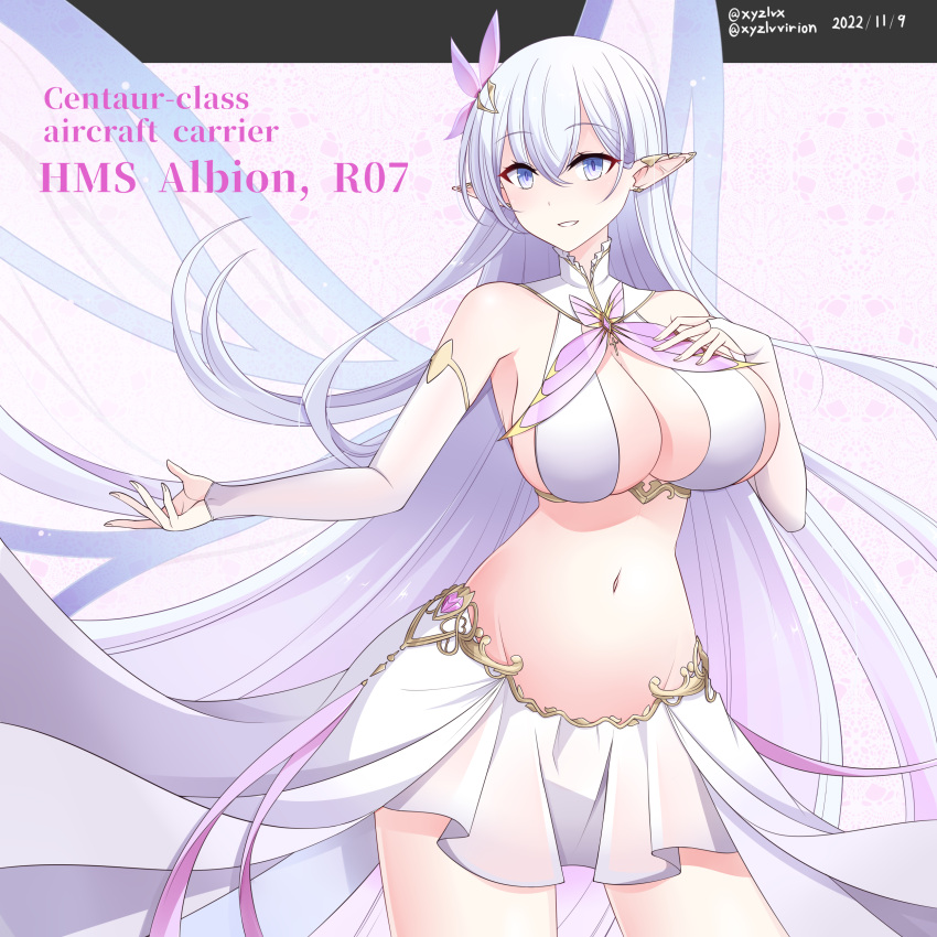 1girl absurdres albion_(azur_lane) azur_lane bare_shoulders bikini blue_eyes breasts butterfly_brooch butterfly_hair_ornament character_name collar cowboy_shot cross cross_necklace gold_trim grey_hair hair_ornament halterneck hebitsukai-san highres jewelry large_breasts long_hair midriff navel necklace pointy_ears revealing_clothes skirt sling_bikini_top solo swimsuit very_long_hair white_bikini white_bridal_gauntlets white_collar white_skirt