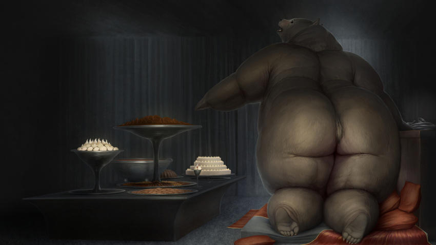 anthro bear big_butt brown_body brown_fur butt cake chubby_anthro chubby_cheeks chubby_female dessert eating eating_food female food fur hi_res hungry kneeling looking_at_viewer looking_back looking_back_at_viewer mammal meanybeany nude on_ground overweight overweight_female pawpads presenting presenting_hindquarters size_difference solo thick_thighs wide_hips