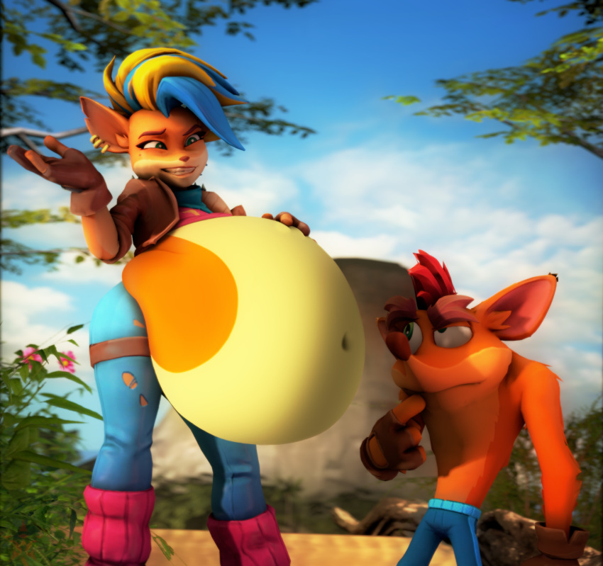 activision anthro bandicoot belly big_belly blonde_hair clothed clothing crash_bandicoot crash_bandicoot_(series) digital_media_(artwork) duo ear_piercing ear_ring female fur green_eyes hair hi_res male mammal marsupial navel pestilad piercing pirate_tawna ring_piercing smile tawna_bandicoot tropics video_games