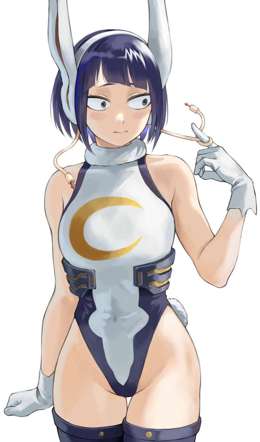 1girl absurdres animal_ears armpits ass bags_under_eyes bangs bare_shoulders blue_eyes blue_hair blush boku_no_hero_academia breasts closed_mouth collarbone cosplay covered_navel double_bun fangs fengling_(furin-jp) gloves groin hair_bun hands_up highres hip_bones jirou_kyouka large_breasts legs looking_at_viewer messy_hair mirko mirko_(cosplay) navel rabbit_ears rabbit_tail short_hair simple_background skin_tight small_breasts solo tail tight white_background white_gloves wide_hips