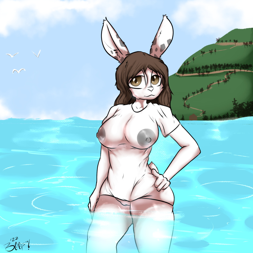 anthro areola beep! breasts clothed clothing fadeout_underground female friday(fadeout) fur genitals glistening glistening_body hair hi_res humanoid lagomorph lake leporid looking_at_viewer mammal nipples nude pussy rabbit smile solo swimming thick_thighs topwear translucent translucent_clothing water wet wet_clothing