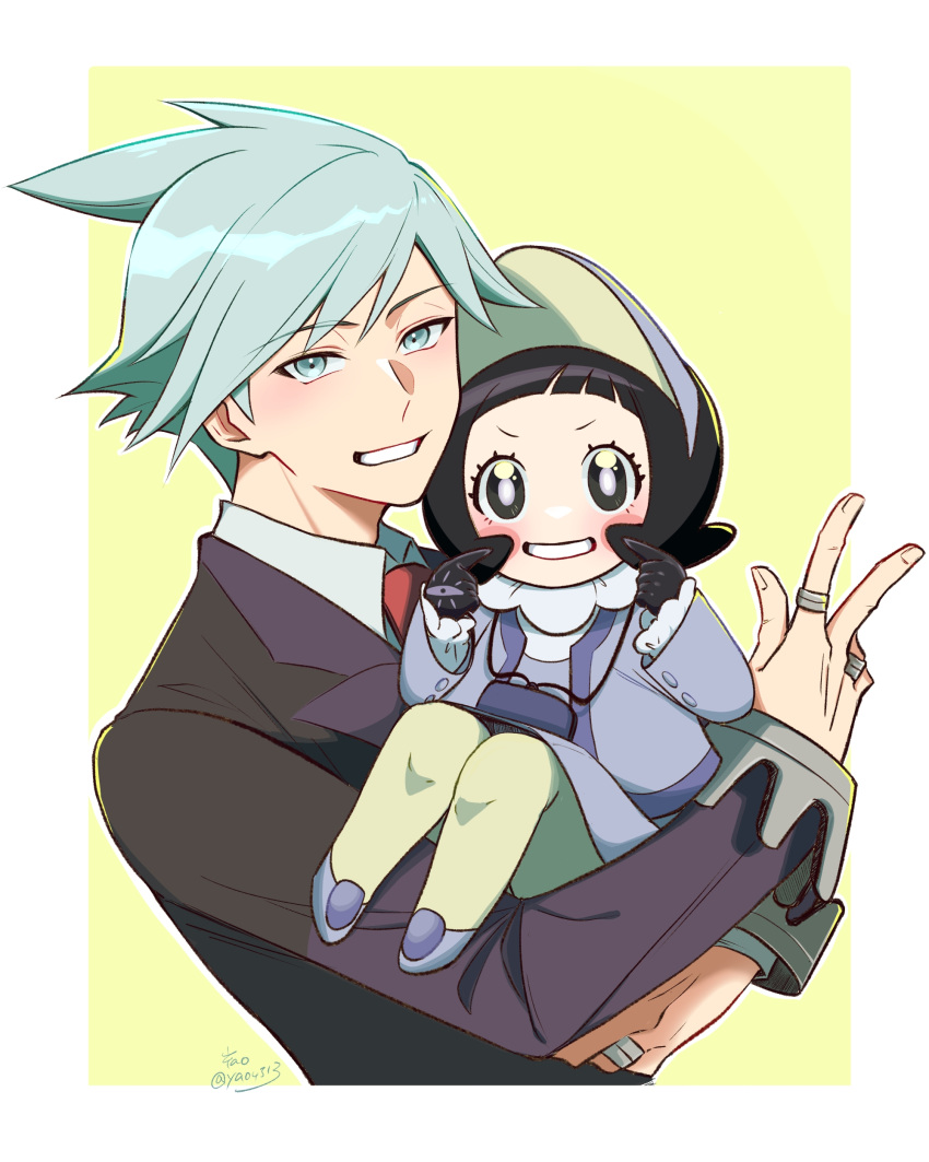 1boy 1girl absurdres black_gloves black_hair blue_eyes carrying clenched_teeth commentary_request formal gloves green_eyes green_hair highres jewelry looking_at_viewer necktie pantyhose pokemon pokemon_(game) pokemon_oras pokemon_sv poppy_(pokemon) ring short_hair simple_background smile steven_stone suit teeth v visor_cap yao_(evep3835)