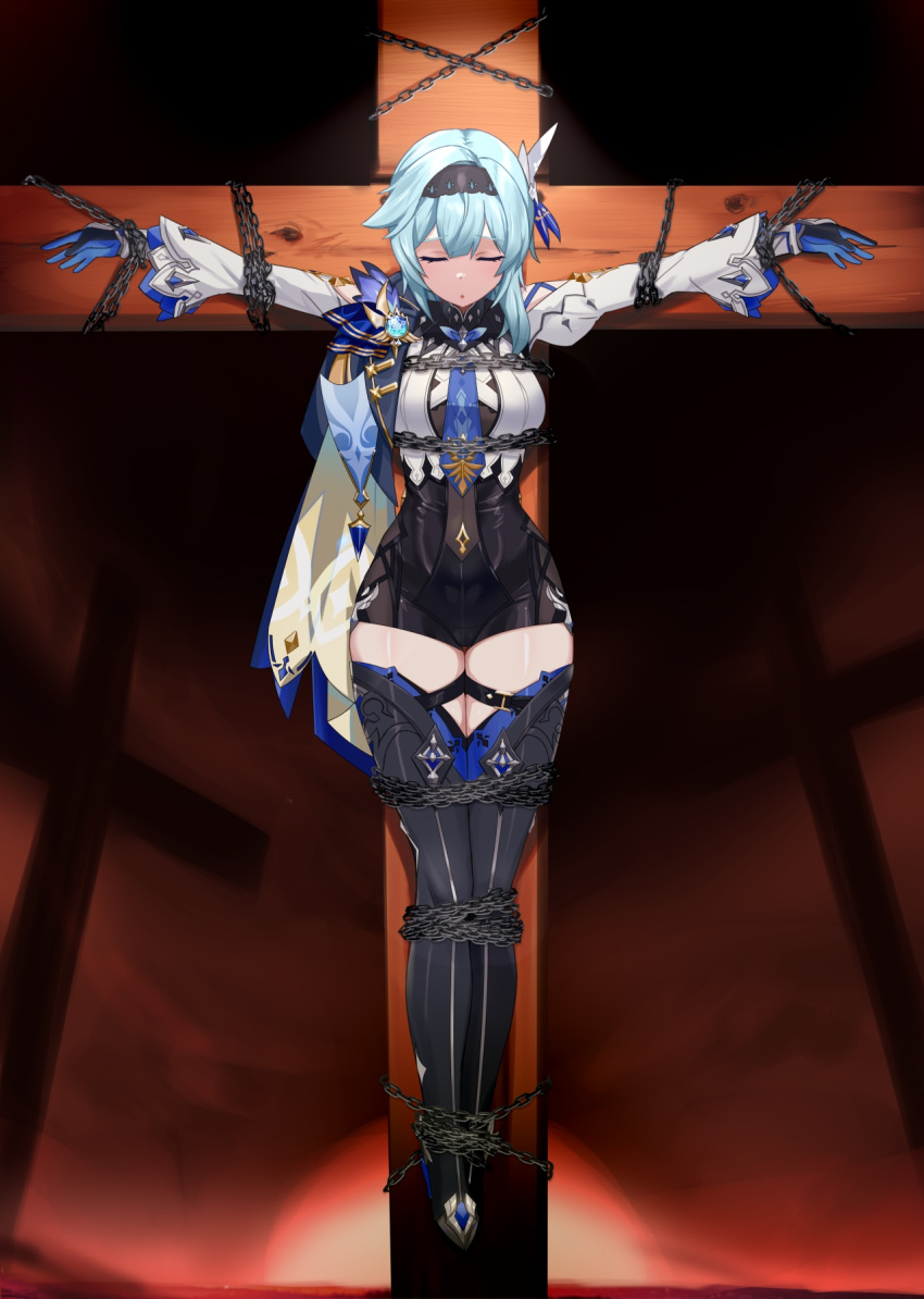 1girl bangs black_hairband blue_cape blue_hair blue_necktie boots bound cape chain closed_eyes clothing_cutout cross crucifixion eula_(genshin_impact) genshin_impact gloves hairband high-waist_shorts highres kusaka_souji medium_hair necktie outstretched_arms shoulder_cutout solo thick_thighs thigh_boots thighhighs thighs vision_(genshin_impact) wide_sleeves
