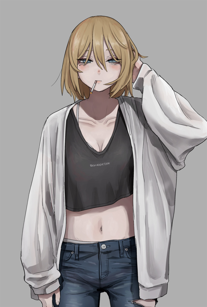 1girl bags_under_eyes bangs black_shirt blonde_hair blue_eyes breasts cigarette clothes_writing collarbone cowboy_shot crop_top denim english_text grey_background hair_between_eyes hand_on_own_head hand_up highres jacket jeans long_sleeves looking_at_viewer medium_breasts mole mole_under_eye mouth_hold navel original pants shirt short_hair simple_background solo standing straight-on tabao torn_clothes white_jacket