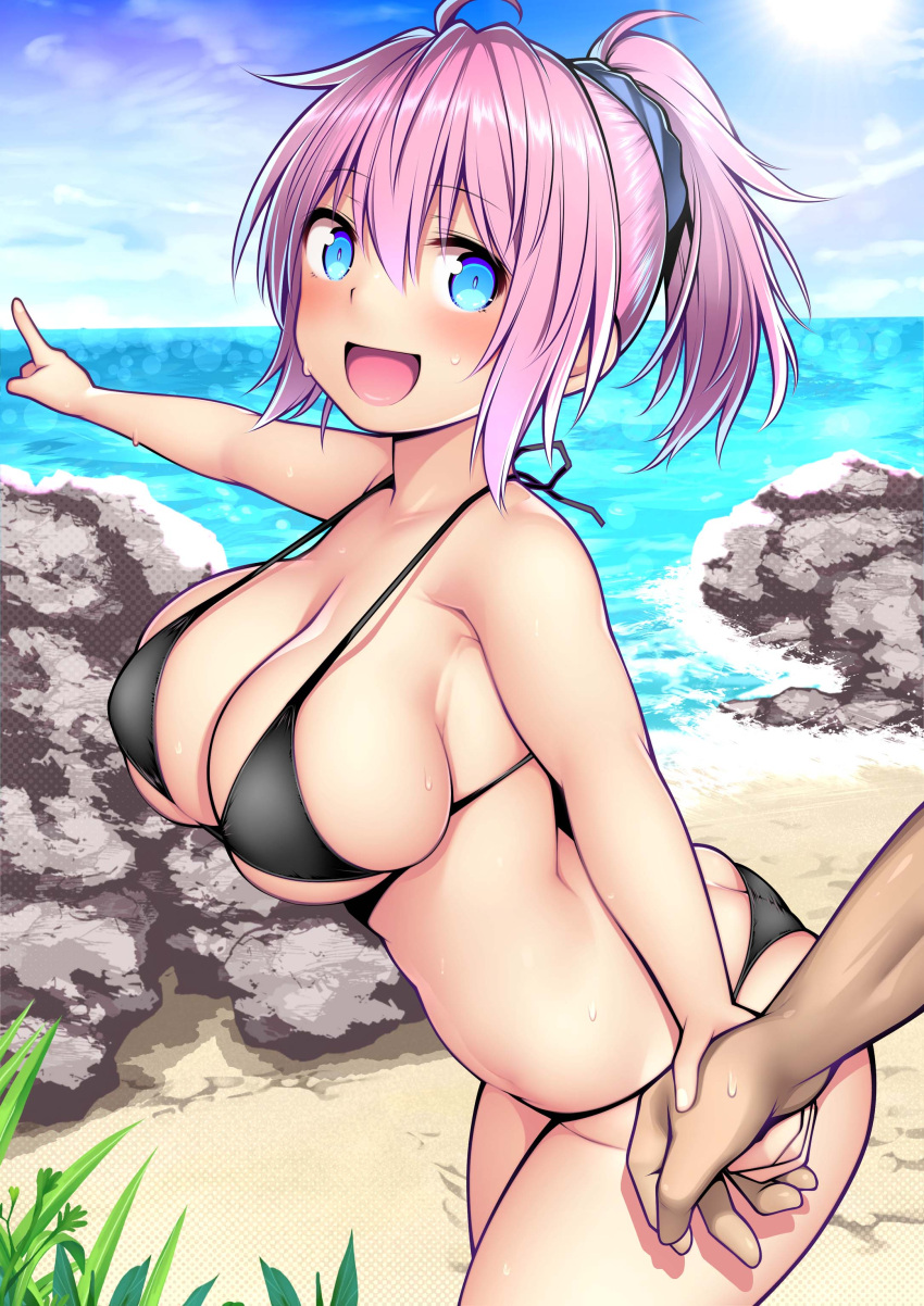 1boy 1girl absurdres aoba_(kancolle) ass bangs beach bikini black_bikini blue_eyes blush breasts cleavage cloud commentary_request day hair_between_eyes hair_ornament hair_scrunchie hetero highres holding_hands kantai_collection kuromayu large_breasts ocean open_mouth outdoors pink_hair pointing ponytail scrunchie skindentation sky sweat swimsuit