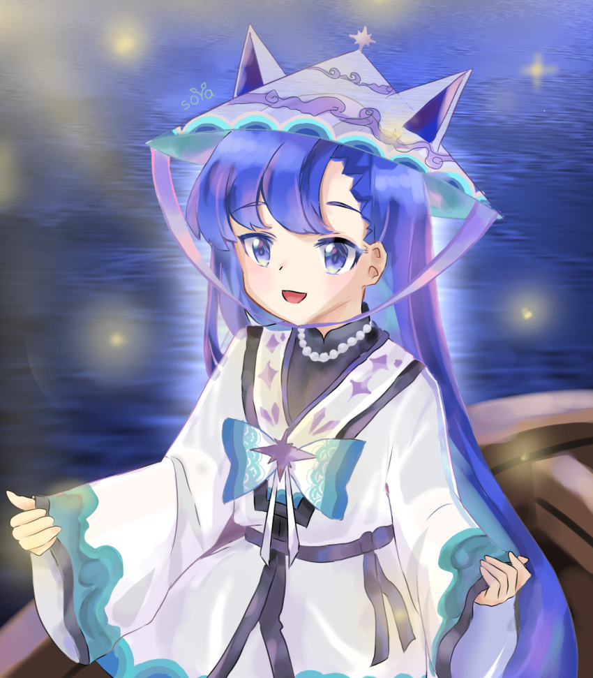 ao_nhat_binh blue_eyes blue_hair boat bow bowtie bug firefly happy hat highres jewelry multicolored_bowtie multicolored_clothes necklace original pearl_necklace soyachan vietnamese_clothes vietnamese_dress water watercraft