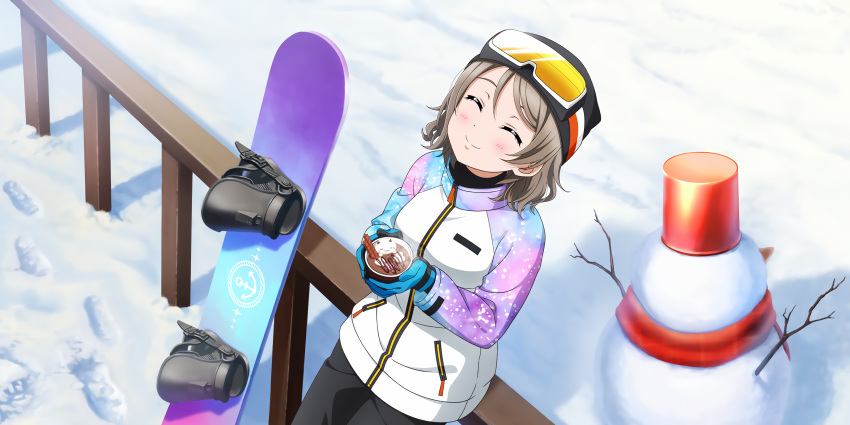 1girl absurdres bangs blush brown_hair bucket closed_eyes cup drink facing_up footprints gloves goggles goggles_on_head hat high_collar highres holding holding_cup hot_chocolate jacket leaning_on_rail love_live! love_live!_school_idol_festival_all_stars love_live!_sunshine!! official_art outdoors railing short_hair ski_gear ski_goggles smile snow snowboard snowman solo watanabe_you