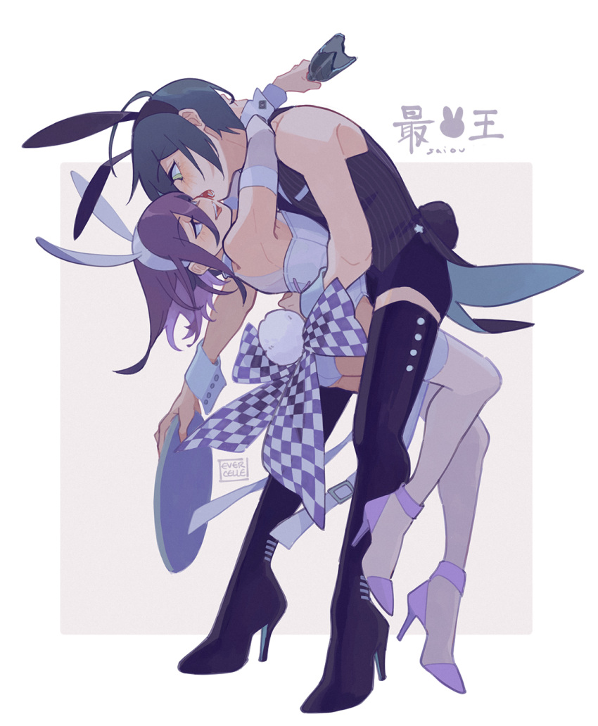 2boys animal_ears arms_around_neck black_hair black_thighhighs danganronpa_(series) danganronpa_v3:_killing_harmony ever_evercelle hairband high_heels highres hug imminent_kiss looking_at_another male_playboy_bunny multiple_boys open_mouth ouma_kokichi playboy_bunny purple_eyes purple_hair rabbit_ears rabbit_tail saihara_shuuichi short_hair short_shorts shorts tail thighhighs waistcoat waiter white_thighhighs yaoi