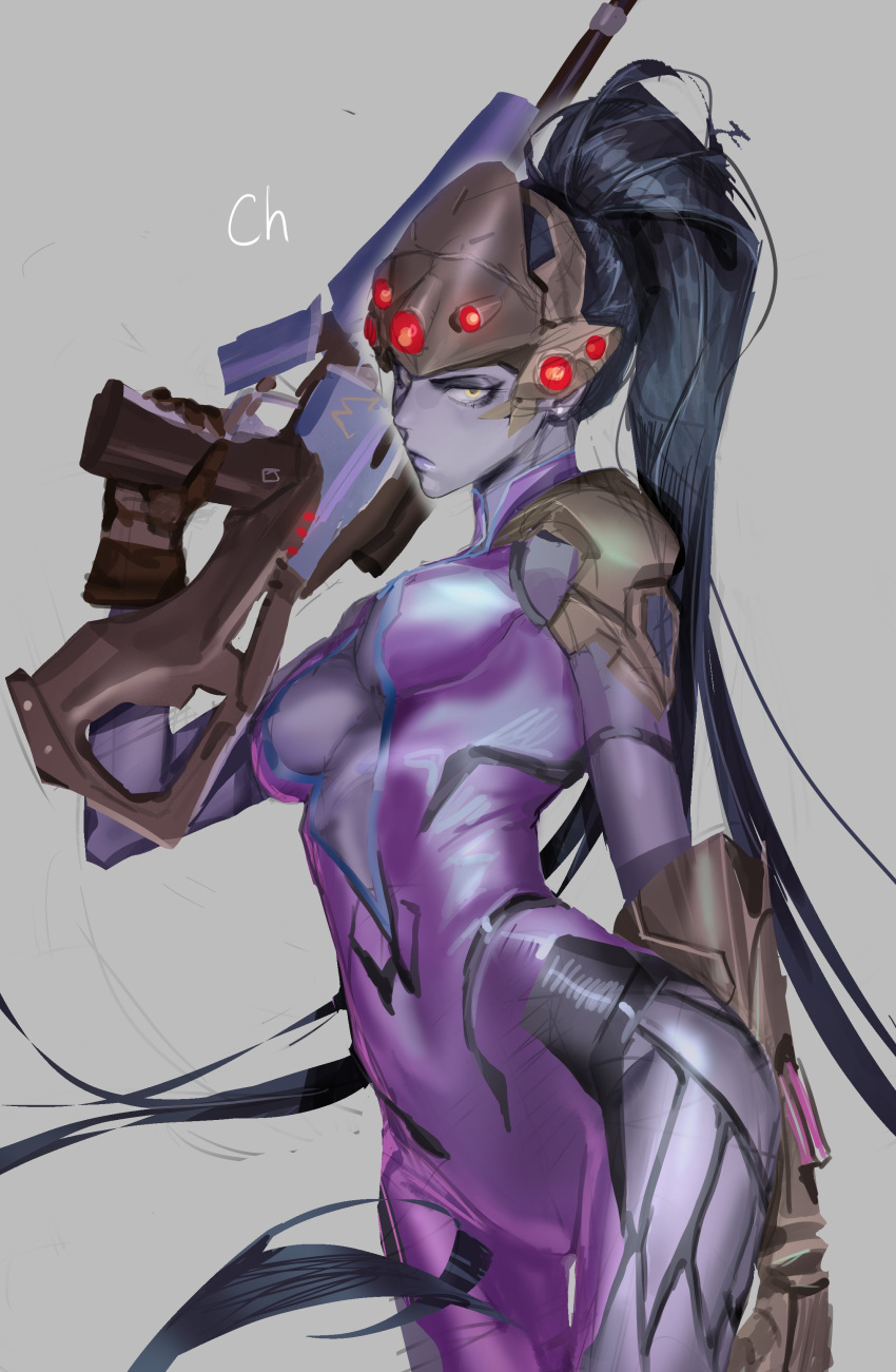 1girl absurdres arm_behind_back armor black_hair black_widow bodysuit breasts chamuring cleavage cleavage_cutout clothing_cutout cowboy_shot grey_background grey_skirt gun helmet highres holding holding_gun holding_weapon long_hair looking_at_viewer medium_breasts over_shoulder overwatch ponytail purple_bodysuit rifle shoulder_armor skirt sniper_rifle solo thigh_gap underboob weapon weapon_over_shoulder yellow_eyes