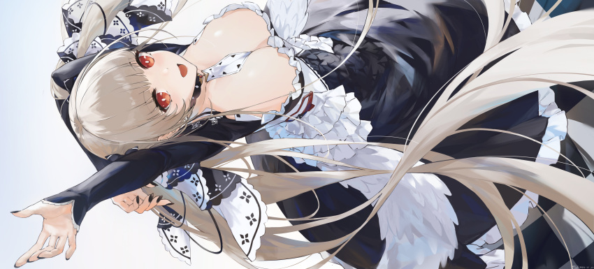1girl absurdres arm_behind_head arm_up azur_lane bangs between_breasts breasts cleavage commentary_request dress feather_trim fingernails formidable_(azur_lane) frills gradient gradient_background grey_hair highres large_breasts long_hair long_skirt looking_at_viewer maid nail_polish open_mouth red_eyes shiny_skin simple_background skirt smile solo swkl:d twintails