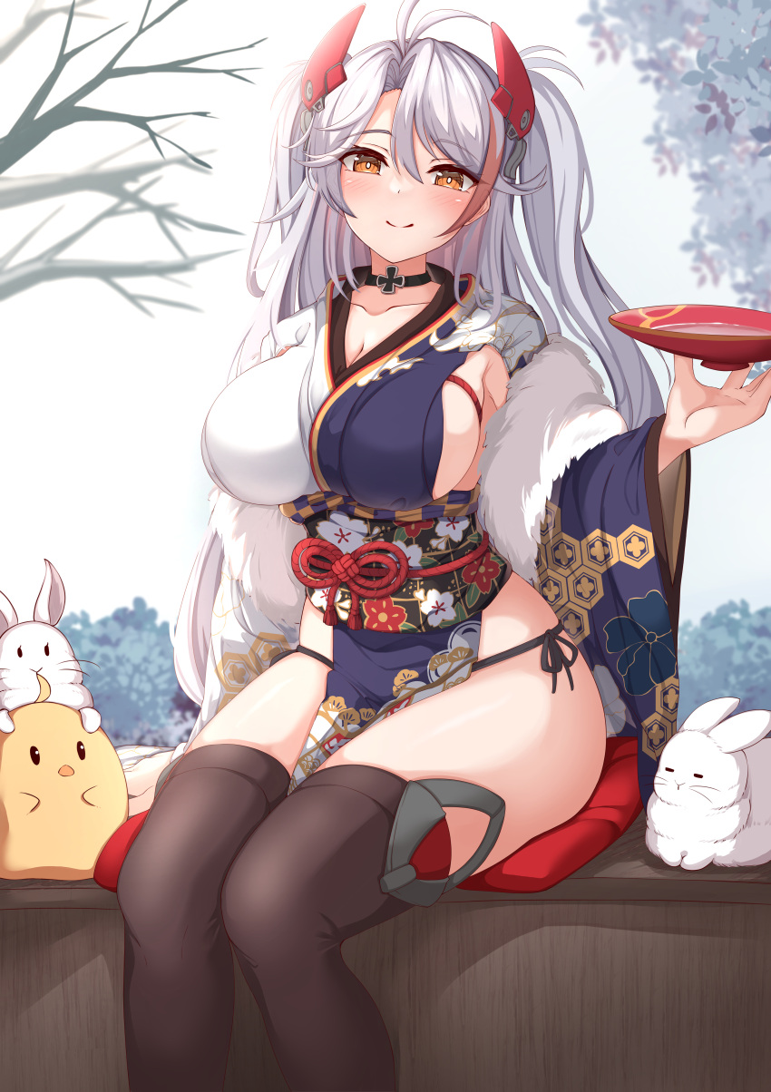 1girl absurdres antenna_hair azur_lane bangs black_choker black_kimono black_panties black_thighhighs blush branch breasts choker cleavage closed_mouth collarbone commentary_request feet_out_of_frame hair_between_eyes hand_up headgear highres holding japanese_clothes kimono large_breasts long_hair long_sleeves manjuu_(azur_lane) moyoron multicolored_hair obi orange_eyes panties parted_bangs pelvic_curtain prinz_eugen_(azur_lane) red_hair sash sideboob sitting smile solo streaked_hair thighhighs two_side_up underwear very_long_hair white_hair white_kimono wide_sleeves