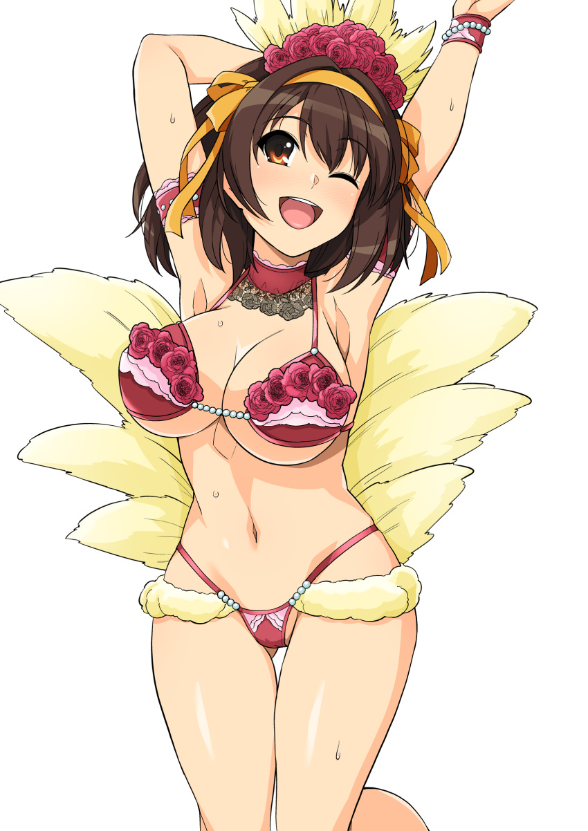 1girl absurdres arm_behind_head armpits arms_up ass_visible_through_thighs bangs breasts brown_eyes brown_hair detached_collar feather_trim fur_trim hair_ornament hairband haruhisky highleg highres large_breasts long_hair looking_at_viewer navel one_eye_closed open_mouth revealing_clothes shiny_skin simple_background smile solo stomach suzumiya_haruhi suzumiya_haruhi_no_yuuutsu sweat sweatdrop teeth thighs upper_teeth_only white_background