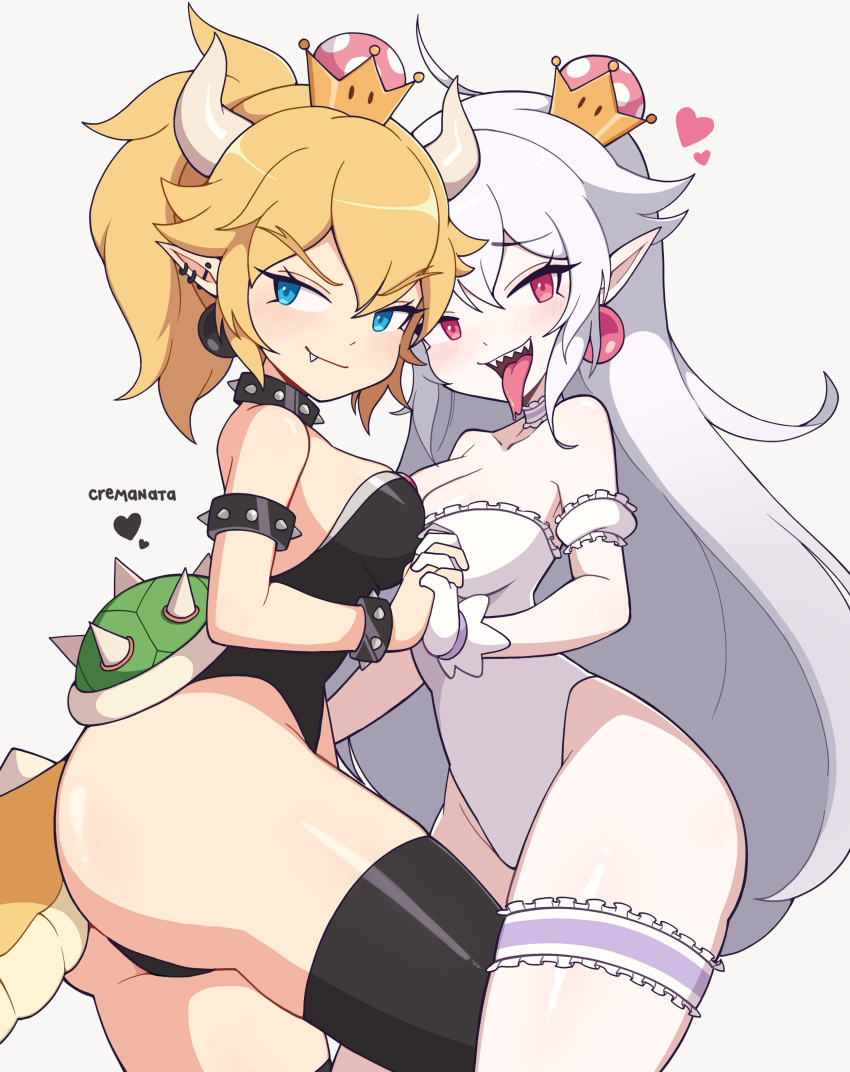 2girls absurdres artist_name ass blonde_hair blue_eyes blush bowsette bracelet breasts cremanata earrings gloves heart hetero highres hug jewelry large_breasts long_hair looking_at_viewer looking_away luigi's_mansion mario_(series) multiple_girls necklace new_super_mario_bros._u_deluxe pointy_ears ponytail princess_king_boo red_eyes simple_background super_crown swimsuit tail teeth tongue tongue_out white_background white_gloves white_hair