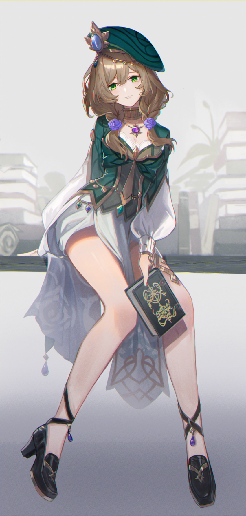 1girl absurdres bare_legs black_footwear blue_gemstone book book_stack brown_hair flower full_body gem genshin_impact green_eyes green_headwear grey_background hair_flower hair_ornament hair_over_shoulder hat high_heels highres holding holding_book kino_(m6t2a) lisa_(a_sobriquet_under_shade)_(genshin_impact) lisa_(genshin_impact) long_sleeves official_alternate_costume puffy_long_sleeves puffy_sleeves purple_flower purple_rose rose short_twintails sitting skirt smile solo strappy_heels thighs twintails white_skirt