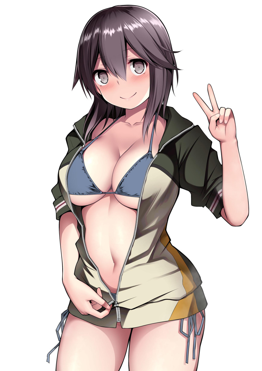 1girl absurdres bangs bikini blush breasts brown_eyes brown_hair cleavage commentary_request green_jacket hair_between_eyes hayasui_(kancolle) highres jacket kantai_collection kuromayu large_breasts looking_at_viewer open_clothes open_jacket partially_unzipped short_hair side-tie_bikini_bottom simple_background smile solo swimsuit v white_background