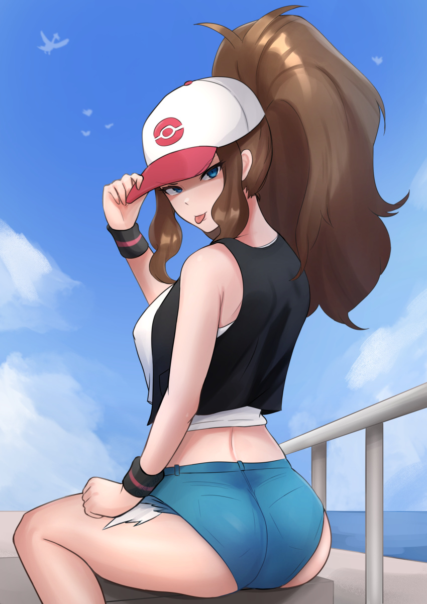 1girl :p ass baseball_cap bird black_vest blue_eyes blue_sky brown_hair cloud denim denim_shorts hair_through_headwear hand_on_headwear hat high_ponytail highres hilda_(pokemon) long_hair looking_at_viewer looking_back midriff poke_ball_print pokemon pokemon_(game) pokemon_bw railing short_shorts shorts sidelocks sitting sky solo tank_top thighs tongue tongue_out vest white_tank_top wristband zet_(twt_zet)