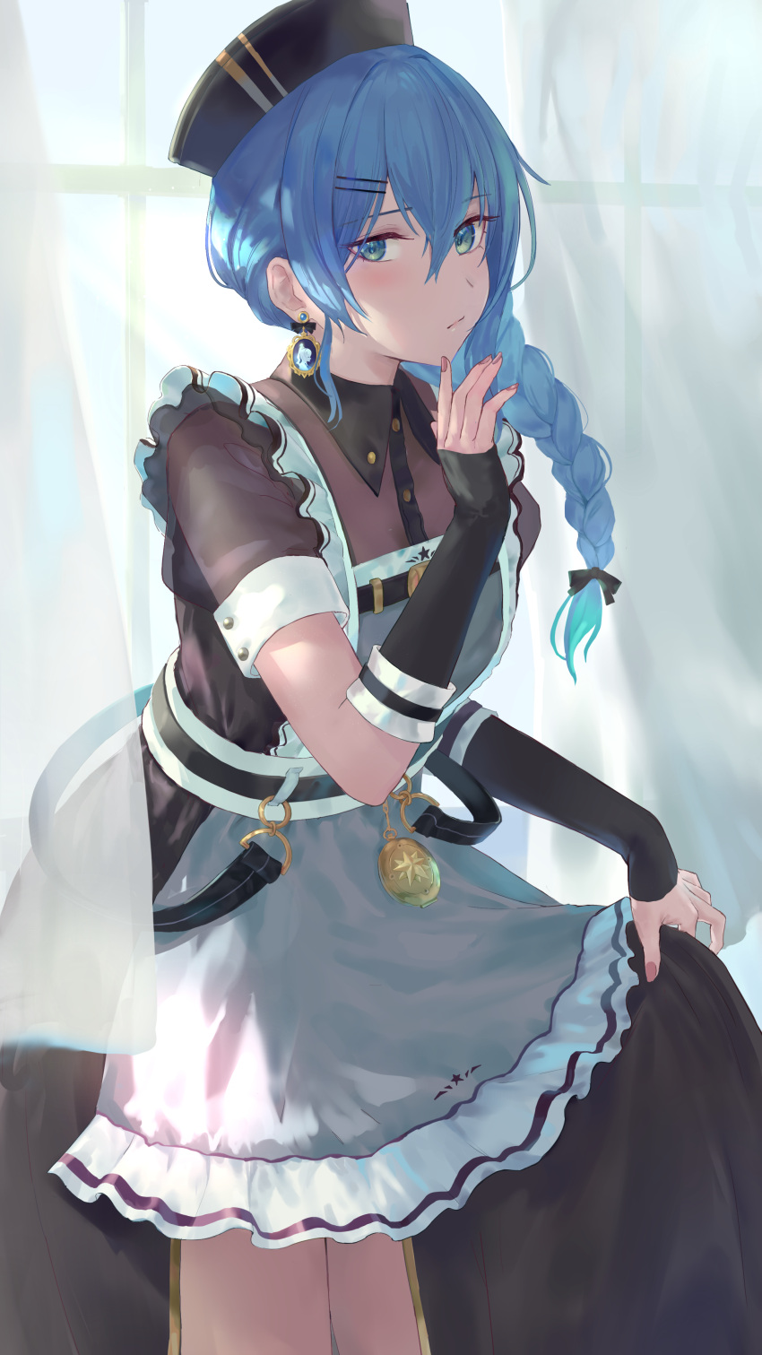 1girl :/ absurdres belt blue_eyes blue_hair braid braided_ponytail closed_mouth curtains dress earrings fingerless_gloves frills gloves hair_ornament hairclip hand_up hat highres hololive hoshimachi_suisei jewelry long_hair official_alternate_costume pout side_ponytail skirt_hold solo tadanotarosuke virtual_youtuber wing_collar