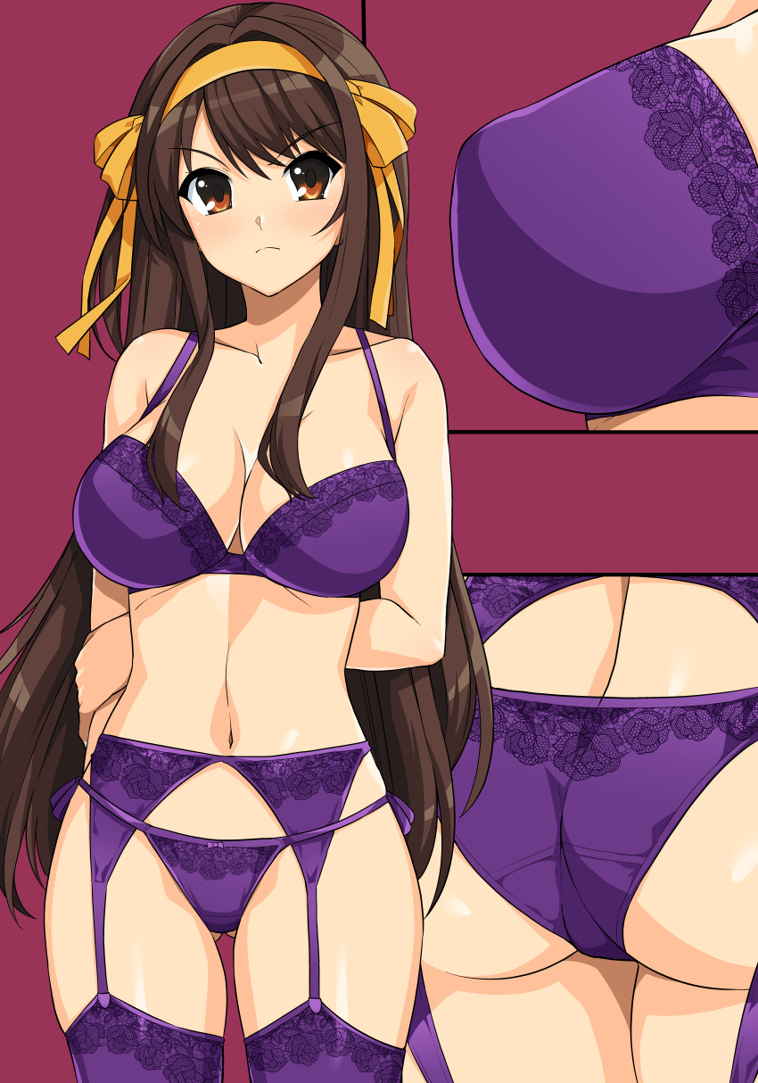 1girl absurdres arms_behind_back ass ass_visible_through_thighs bangs bare_shoulders blush breasts brown_eyes brown_hair closed_mouth collarbone garter_belt garter_straps hair_ornament hairband haruhisky highres lingerie long_hair looking_at_viewer medium_breasts multiple_views navel panties serious shiny_skin simple_background stomach suzumiya_haruhi suzumiya_haruhi_no_yuuutsu thighs underwear underwear_only