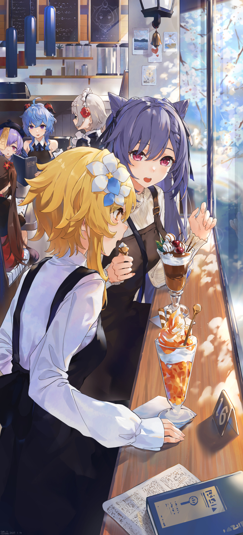 6+girls absurdres ahoge blonde_hair blue_eyes cafe chair cherry chocolate clipboard commentary cone_hair_bun counter cup diona_(genshin_impact) drink drinking_glass food fruit ganyu_(genshin_impact) genshin_impact grey_hair hair_bun highres holding holding_clipboard holding_menu hu_tao_(genshin_impact) indoors jar keqing_(genshin_impact) lumine_(genshin_impact) maid_headdress menu menu_board multiple_girls noelle_(genshin_impact) parfait pink_eyes purple_eyes purple_hair qiqi_(genshin_impact) sharing_food shelf swkl:d symbol-only_commentary table wafer_stick yellow_eyes