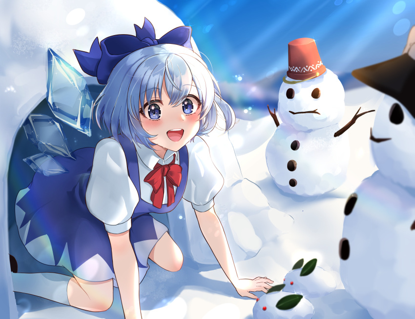 1girl :d absurdres all_fours blue_bow blue_dress blue_eyes blue_hair blush bow breasts cirno dress glint hair_bow happy highres ice ice_wings igloo kneehighs looking_at_viewer medium_breasts open_mouth puffy_short_sleeves puffy_sleeves short_hair short_sleeves smile snow snow_bunny snow_shelter snowman socks solo sparkle touhou wheat_retzel wings