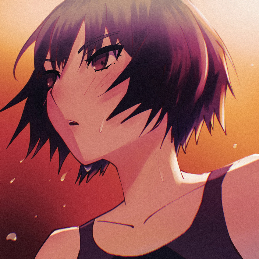 1girl amagami bangs black_hair black_one-piece_swimsuit blush brown_eyes collarbone competition_swimsuit highres nanasaki_ai one-piece_swimsuit orange_background oshizu parted_lips short_hair solo swimsuit teeth upper_teeth_only wet