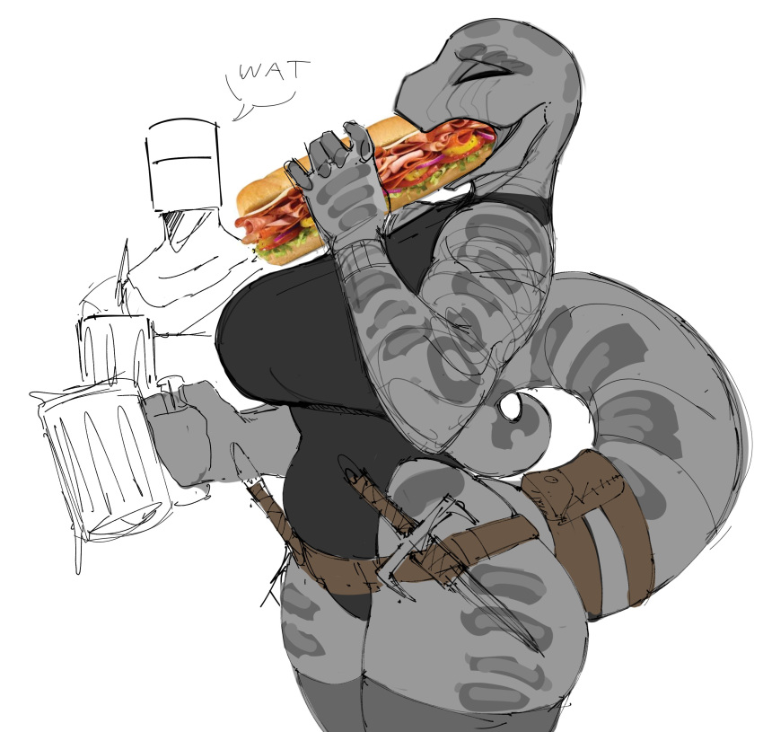 absurd_res accessory anthro armor beer_stein belt beverage big_breasts breasts clothing container cup dare_to_exist digital_media_(artwork) duo eating eyes_closed female food food_fetish furgonomics grey_body grey_scales headgear helmet hi_res knight legwear leotard male markings melee_weapon mug open_mouth reptile sai_(weapon) sandwich_(food) scales scalie sketch solo_focus spookyboi stein submarine_sandwich suggestive suggestive_food tail tail_accessory tail_belt tail_pouch thigh_highs thigh_stockings warrior weapon