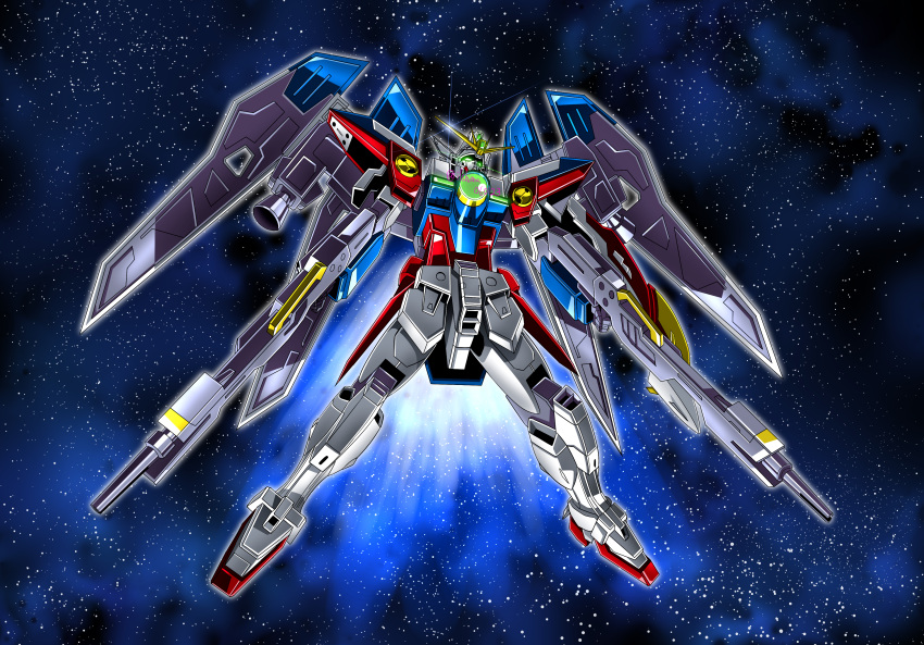 absurdres artist_name dual_wielding full_body green_eyes gundam gundam_wing highres holding shimashun universe wing_gundam_zero wings