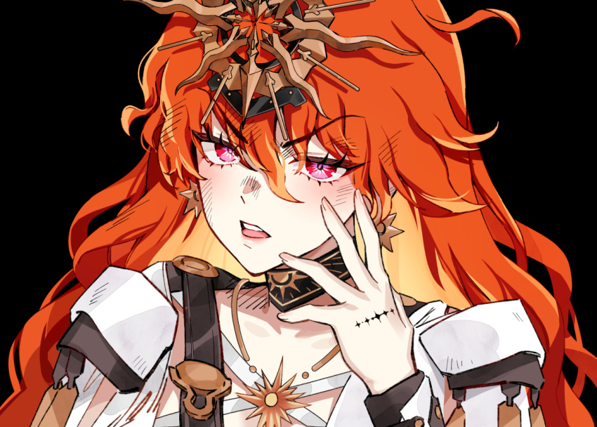 1girl augusta_(wuthering_waves) black_collar collar colored_inner_hair commentary daga_kotowaru diamond_wa_kudakenai earrings english_commentary english_text fingernails foxyreine hair_between_eyes hand_up headgear jewelry jojo_no_kimyou_na_bouken long_hair looking_at_viewer menacing_(jojo) multicolored_hair orange_hair parted_lips portrait pose_imitation red_eyes solo sun_earrings sun_necklace tacet_mark_(wuthering_waves) teeth textless_version upper_teeth_only wuthering_waves