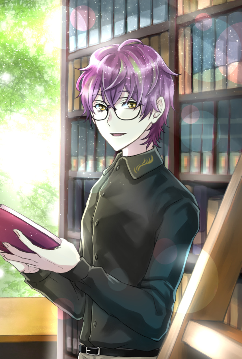 1boy ayaan_(ayako) belt black_shirt book bookshelf chrom_(technoroid) day glasses highres holding holding_book indoors ladder lens_flare long_sleeves looking_at_viewer male_focus purple_hair shirt short_hair technoroid window yellow_eyes