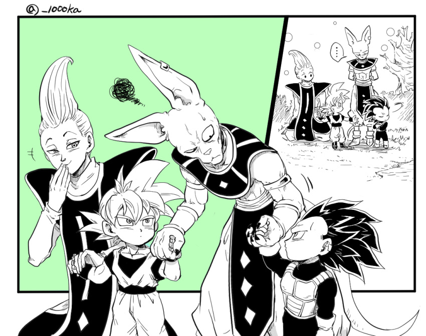 ... 4boys aged_down armlet armor arms_behind_back beerus commentary_request crossed_arms dougi dragon_ball dragon_ball_super ear_piercing gloves greyscale half-closed_eyes holding_hands male_focus monochrome motion_lines multiple_boys no_eyebrows piercing seiza senka-san sitting smile son_goku spoken_ellipsis squiggle tail ultra_ego_(dragon_ball) ultra_instinct vegeta whis