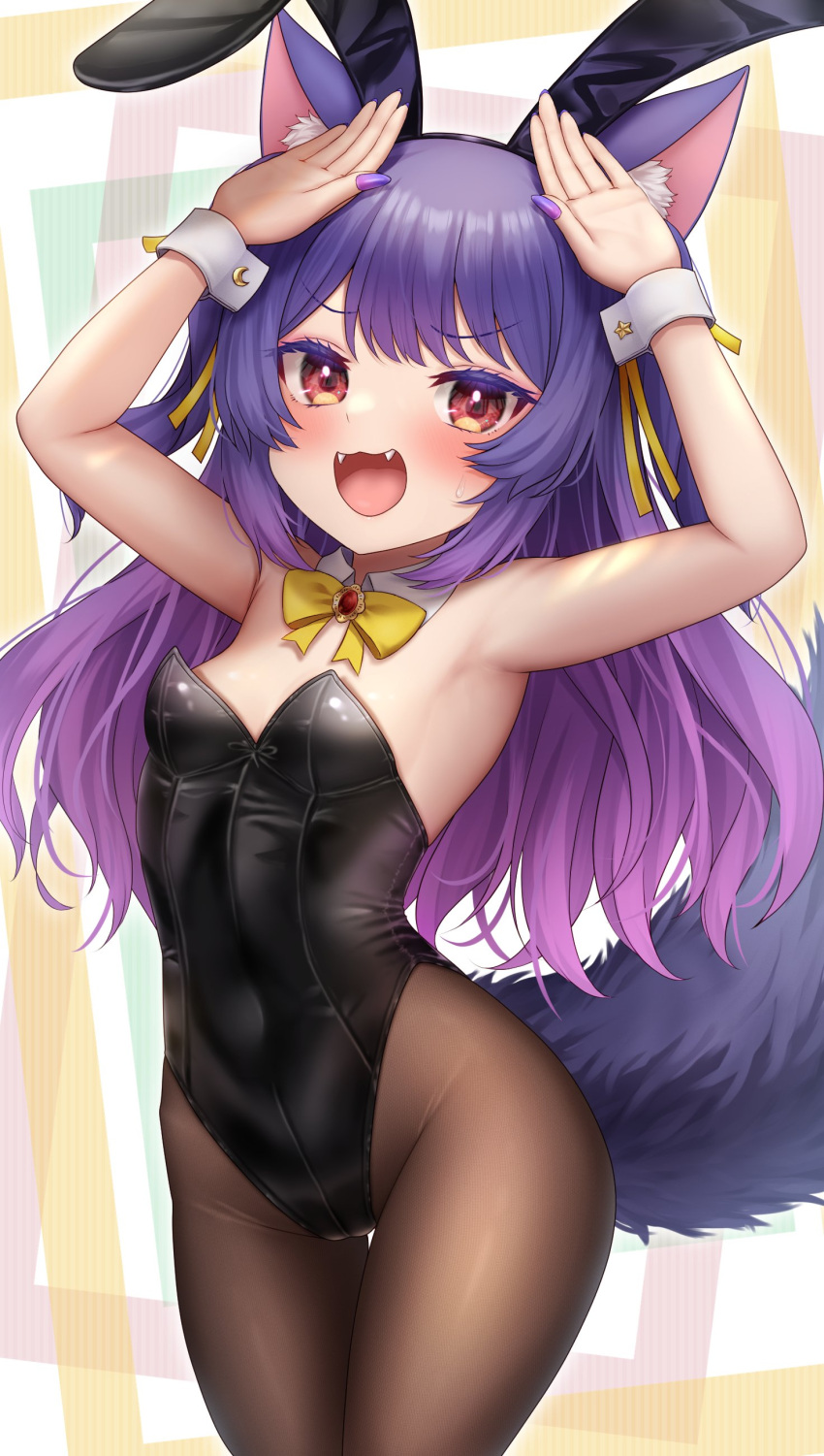 .live 1girl absurdres alternate_costume animal_ears armpits arms_up awai_shiro blush breasts collarbone fake_animal_ears fangs fingernails highres looking_at_viewer navel open_mouth pantyhose playboy_bunny purple_hair rabbit_ears rurun_rururica simple_background small_breasts solo sweat tail virtual_youtuber wolf_ears wolf_tail