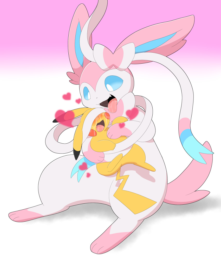 &lt;3 bdsm blush bodily_fluids bondage bound draining drooling duo eeveelution forced forced_kiss generation_1_pokemon generation_6_pokemon hi_res kissing nintendo parupoke pikachu pokemon pokemon_(species) ribbon_bondage ribbons saliva size_difference sweat sylveon