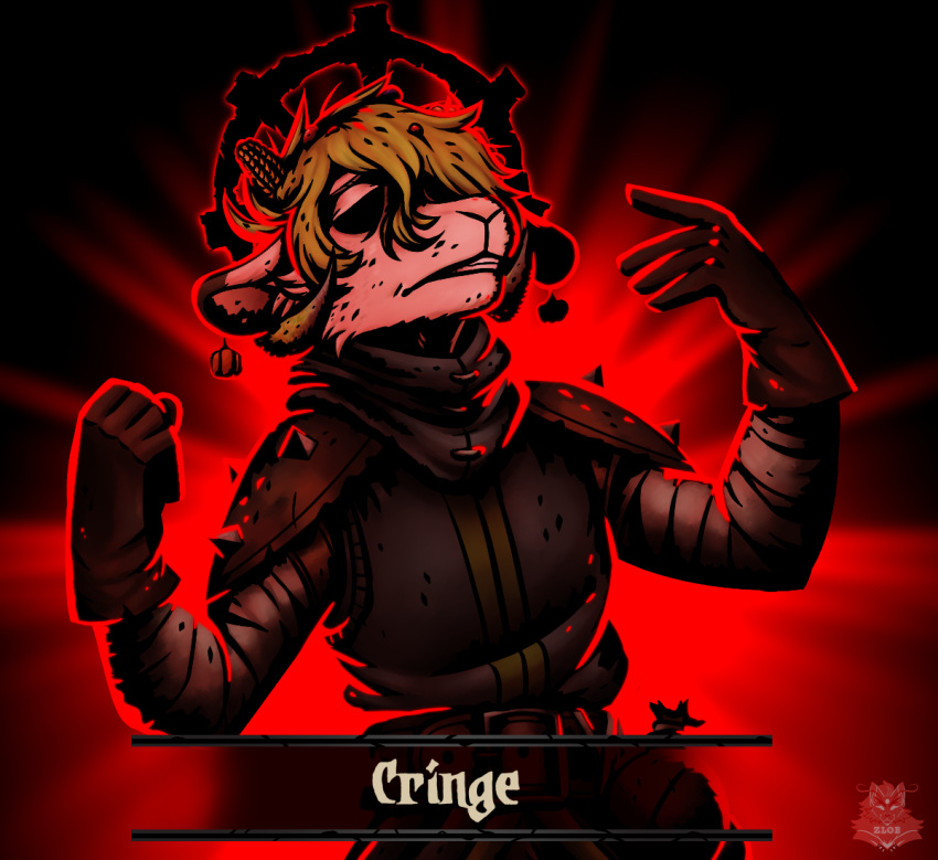 5_fingers anthro armor black_armor black_background bovid brown_ear_tip brown_ear_tips caprine clothing corn darkest_dungeon english_text fingers food fur gloves grass_hair handwear iron_crown_(darkest_dungeon) male mammal moowool plant pumpkin_earring red_background sheep signature simple_background solo spiked_armor spikes status_effect text white_body white_fur white_wool wool_(fur) zloe