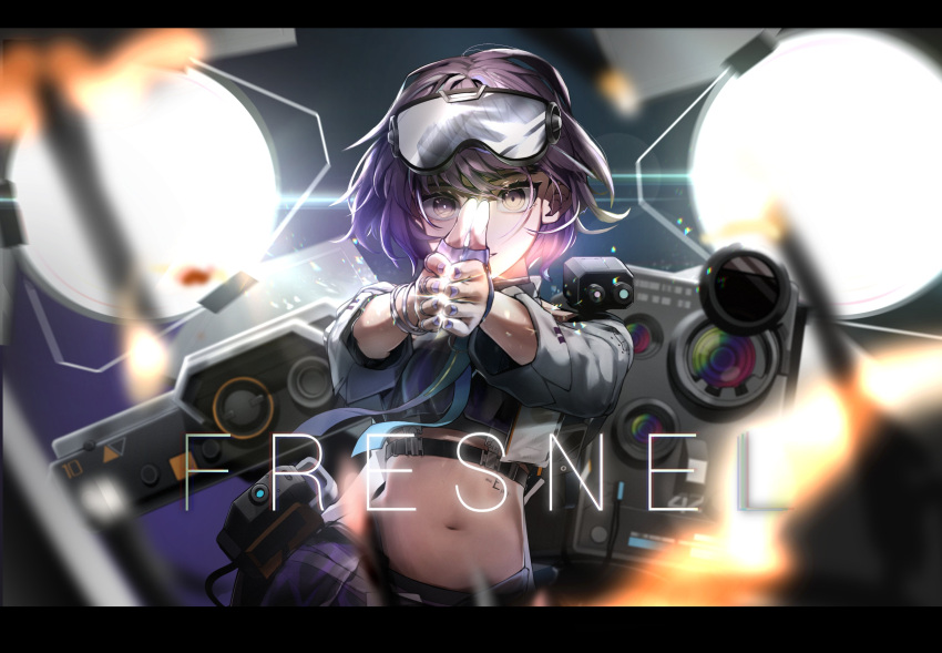 1girl absurdres commentary_request crop_top fresnel_(girls'_frontline_nc) girls'_frontline girls'_frontline_neural_cloud goggles goggles_on_head highres jacket lights llpfmfc looking_at_viewer midriff nail_polish navel necktie original own_hands_together purple_hair short_hair smile solo stomach upper_body