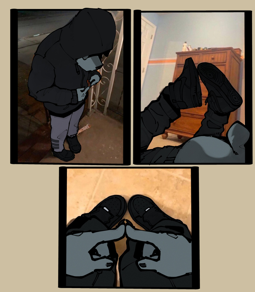 absurd_res anthro biped butt canid canine canis clothing domestic_dog first_person_view footwear goon_(goonie_san) goonie-san grey_body hi_res hoodie interlocked_fingers looking_down lying male mammal obscured_face on_front shoes side_view solo topwear