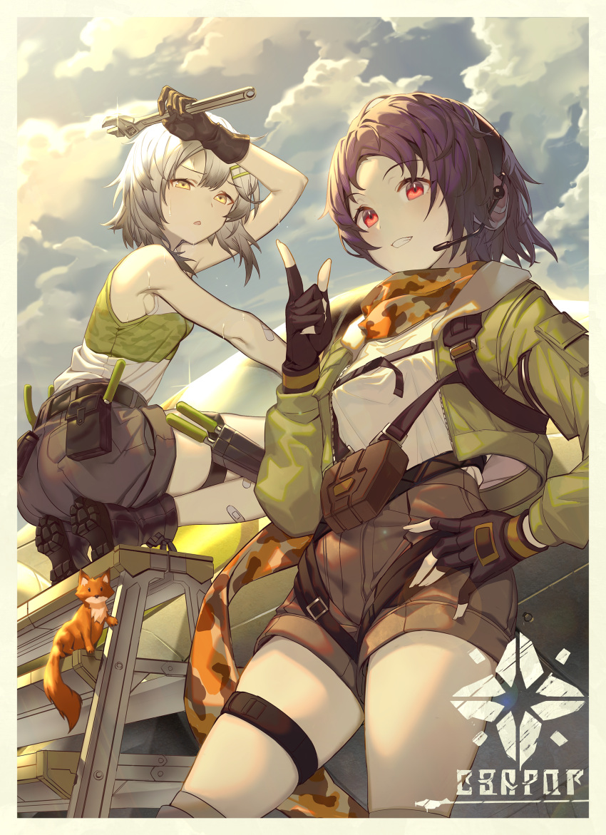 2girls absurdres adjustable_wrench aircraft airplane bandaid bandaid_on_arm bandaid_on_leg bare_shoulders black_gloves boots brown_hair brown_shorts camouflage_scarf cloud cloudy_sky commentary_request croque_(girls'_frontline_nc) earhart_(girls'_frontline_nc) fingerless_gloves fox girls'_frontline girls'_frontline_neural_cloud gloves gradient_hair green_jacket grey_hair grin hair_ornament hairclip hand_on_hip headset highres holding holding_wrench jacket ladder mckeee multicolored_hair multiple_girls outdoors pointing pointing_up red_eyes scarf shirt shorts sky sleeveless sleeveless_shirt smile squatting standing sweat tank_top tool_belt white_shirt wiping_sweat wrench yellow_eyes