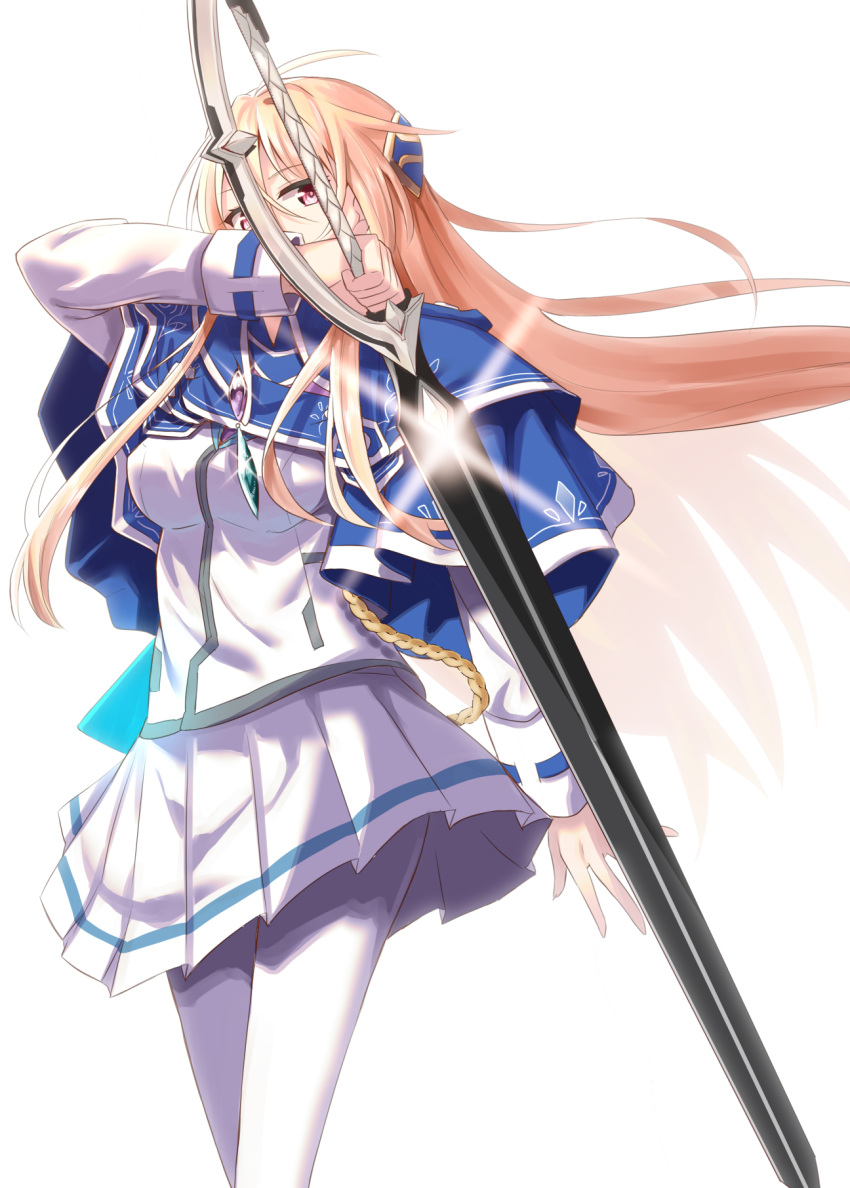 1girl bangs blonde_hair blue_capelet brooch capelet hair_between_eyes hanamori_yumiri headgear heaven_burns_red highres holding holding_sword holding_weapon jacket jewelry long_hair long_sleeves looking_at_viewer miniskirt pleated_skirt red_eyes shiime shirakawa_yuina simple_background skirt solo standing sword weapon white_background white_jacket white_skirt