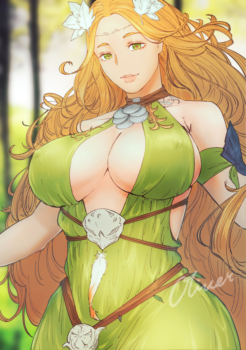 1girl absurdres armband arms_at_sides artist_name bare_shoulders blurry blurry_background breasts center_opening closed_mouth collarbone covered_nipples day dress feather_hair_ornament feathers final_fantasy final_fantasy_xiv green_dress green_eyes hair_ornament highres huge_breasts light_smile lips long_hair looking_at_viewer nophica oliver_(oliverclassict) orange_hair outdoors sleeveless sleeveless_dress solo tattoo upper_body very_long_hair