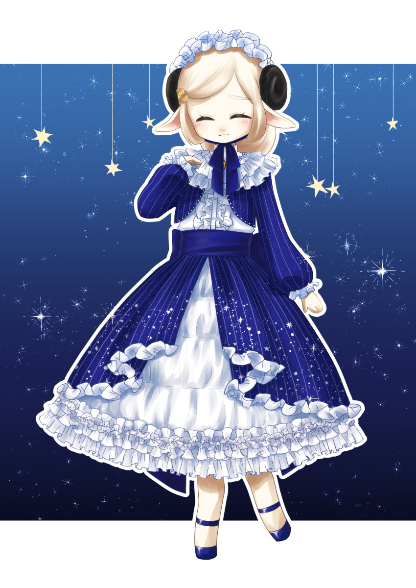 1girl :3 animal_ears black_horns blonde_hair blue_dress blue_ribbon blush curled_horns dress facing_viewer frilled_dress frills full_body hair_ornament hairclip hand_up highres hikiniku682 horns long_sleeves pixiv_fantasia pixiv_fantasia_last_saga ribbon sheep_ears short_hair solo standing star_(symbol) two-tone_dress white_dress white_headwear