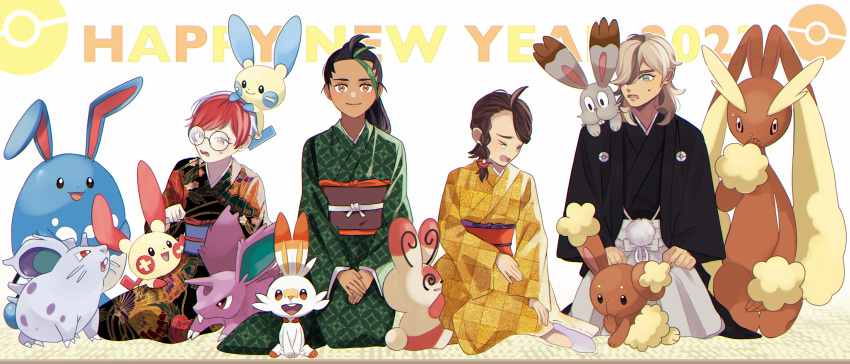 1boy 3girls absurdres arven_(pokemon) azumarill black_hair brown_hair buneary bunnelby chinese_zodiac cramped evolutionary_line glasses happy_new_year highres horns japanese_clothes juliana_(pokemon) kimono lopunny minun multicolored_hair multiple_girls nemona_(pokemon) nidoran nidoran_(female) nidoran_(male) penny_(pokemon) plusle pokemon pokemon_(creature) pokemon_(game) pokemon_sv round_eyewear sawahitoo scorbunny seiza single_horn sitting smile spinda streaked_hair trembling year_of_the_rabbit