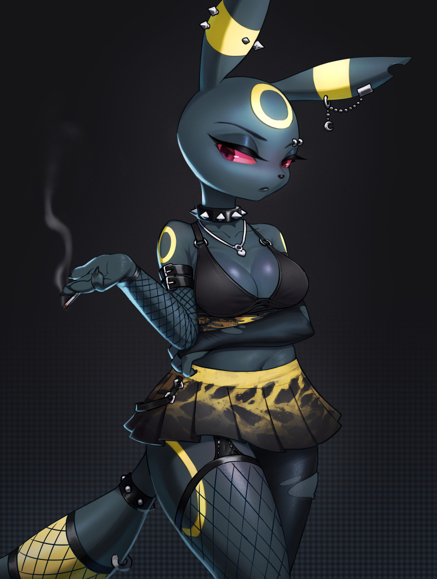 abstract_background absurd_res anthro anthrofied armwear azuu black_body bottomwear breasts cigarette cleavage clothed clothing collar ear_piercing ear_ring eeveelution eyebrow_piercing facial_piercing female fishnet fishnet_armwear fishnet_legwear furgonomics furry-specific_piercing generation_2_pokemon hi_res jewelry leggings legwear looking_at_viewer miniskirt necklace nintendo piercing pleated_skirt pokemon pokemon_(species) pokemorph red_eyes red_sclera ring_piercing simple_background skirt solo spiked_collar spikes tail tail_clothing torn_armwear torn_clothing torn_leggings torn_legwear umbreon wide_hips