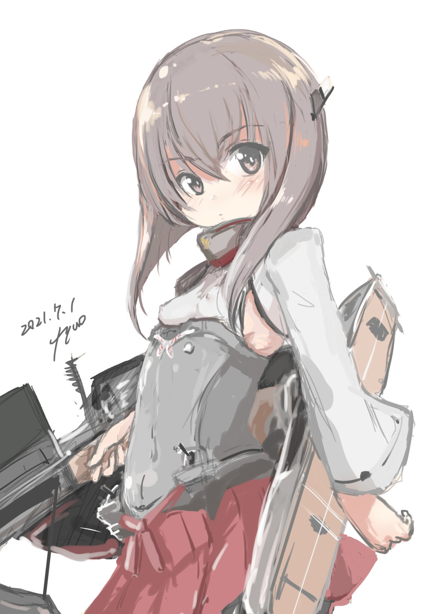 1girl absurdres armor bike_shorts bob_cut brown_eyes brown_hair crossbow dated flight_deck fyuo hakama hakama_skirt headband headgear highres inverted_bob japanese_clothes kantai_collection looking_at_viewer pleated_skirt red_skirt signature simple_background skirt solo standing taihou_(kancolle) white_background