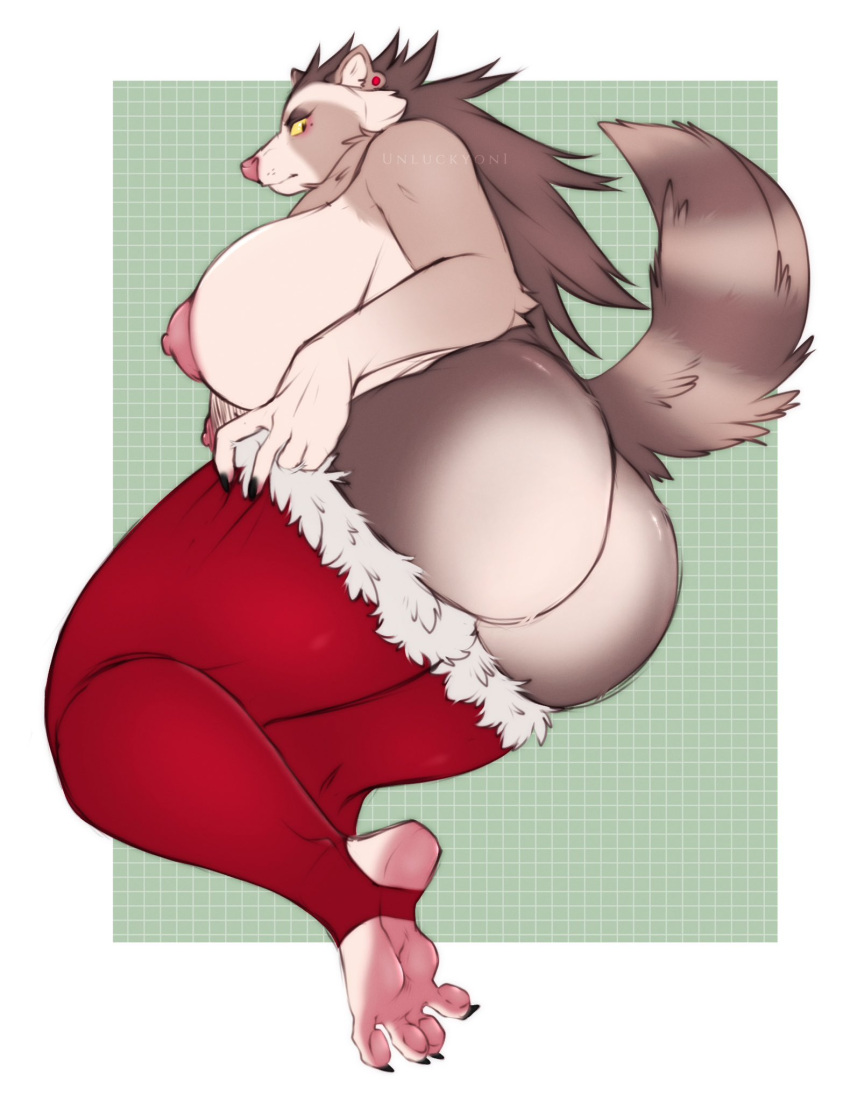 anthro big_breasts big_butt breasts brown_body brown_fur butt christmas_stockings clothing curvy_figure ear_piercing ear_ring eyelashes eyelids female fur hi_res huge_breasts huge_butt legwear legwear_only mammal mochi_(unluckyoni) mostly_nude nipples piercing pink_nipples pink_nose procyonid raccoon ring_piercing solo stockings stockings_only unluckyoni voluptuous yellow_eyes